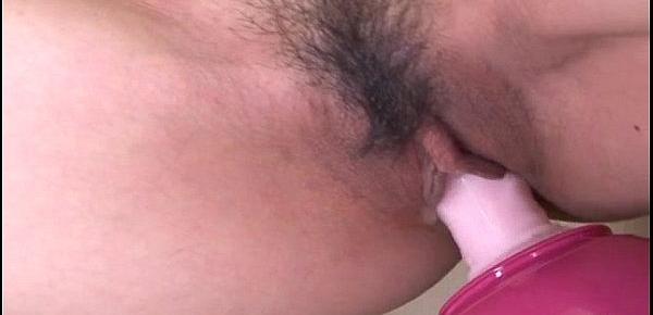  Natsumi Mitsu slides big dong up her throat and hairy pussy